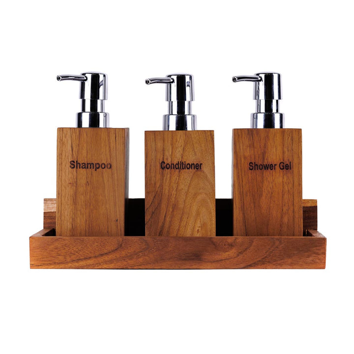 Dispenser balsam maro din lemn de tec si plastic 18 cm