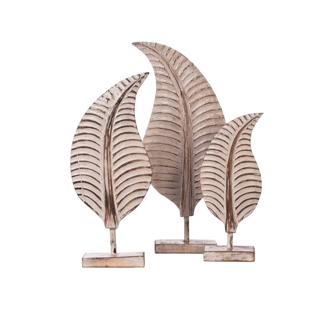 Set 3 figurine frunze albe din lemn de albasia