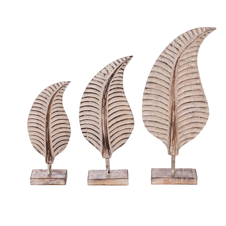 Set 3 figurine frunze albe din lemn de albasia