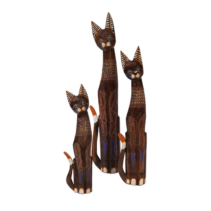 Set 3 figurine pisici maro din lemn de albasia