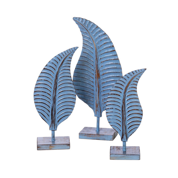 Set 3 figurine frunze albastre din lemn de albasia