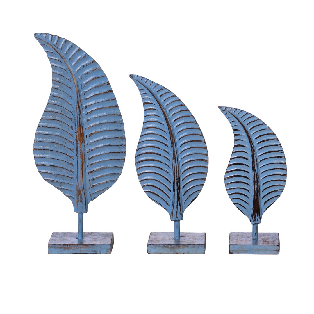 Set 3 figurine frunze albastre din lemn de albasia