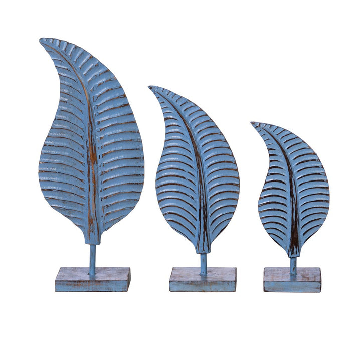 Set 3 figurine frunze albastre din lemn de albasia