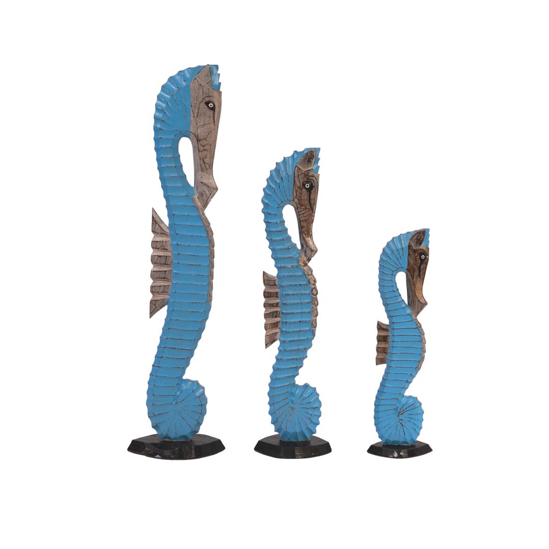Set 3 figurine caluti de mare albastri din lemn de albasia