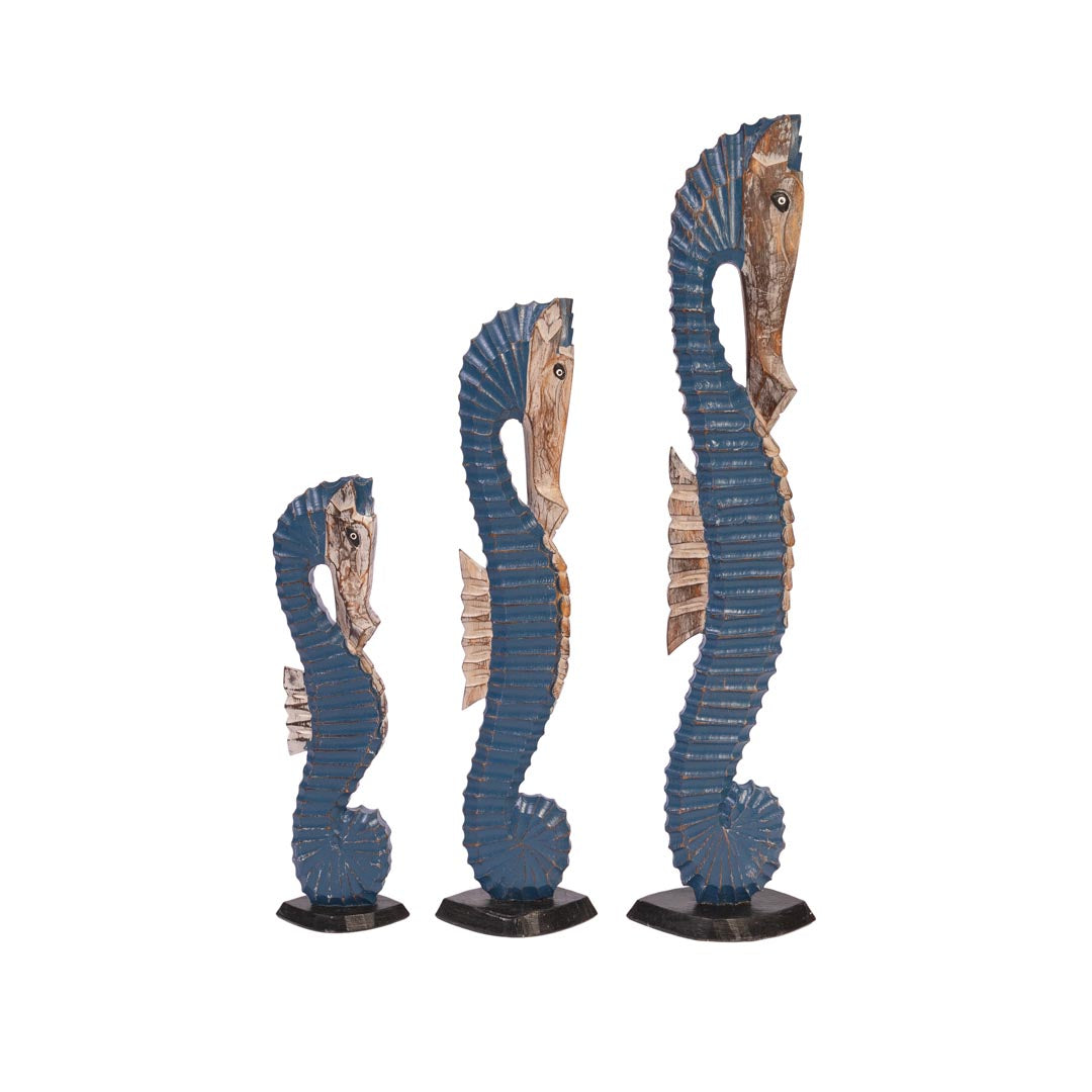 Set 3 figurine caluti de mare albastri din lemn de albasia