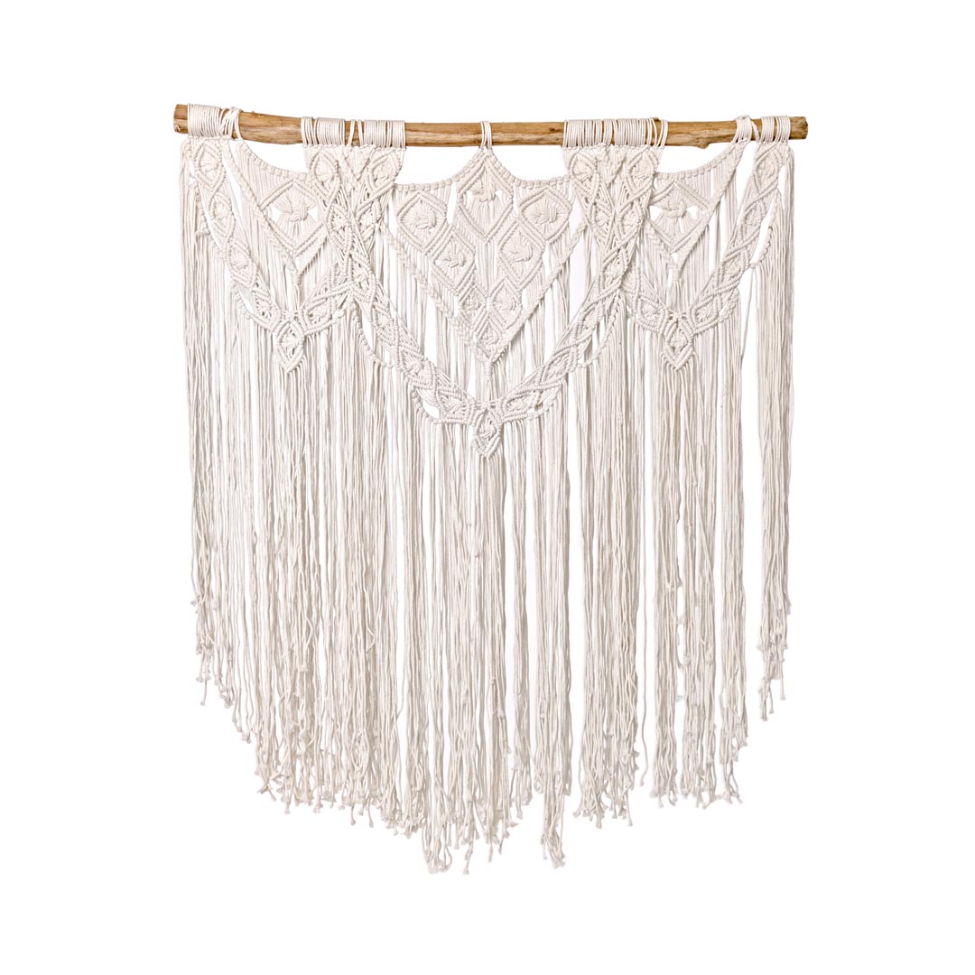 Decoratiune alba din macrame bumbac, lemn de tec Aurora