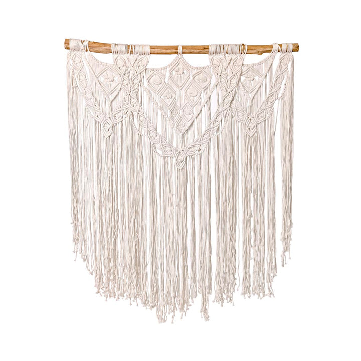 Decoratiune alba din macrame bumbac, lemn de tec Aurora