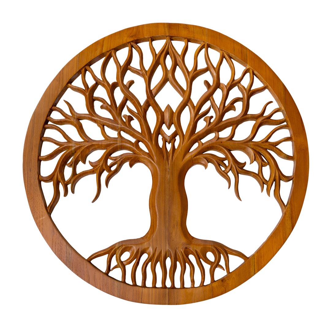 Decoratiune perete maro din lemn de tec Yggdrasil 120 cm