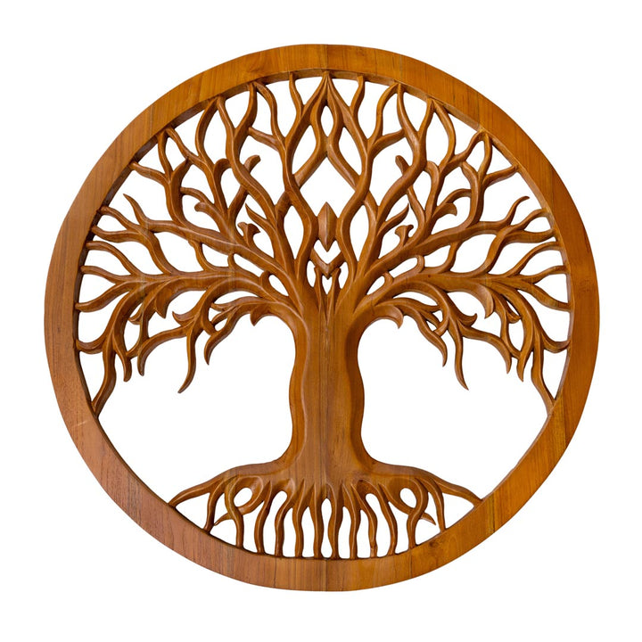 Decoratiune perete maro din lemn de tec Yggdrasil 120 cm