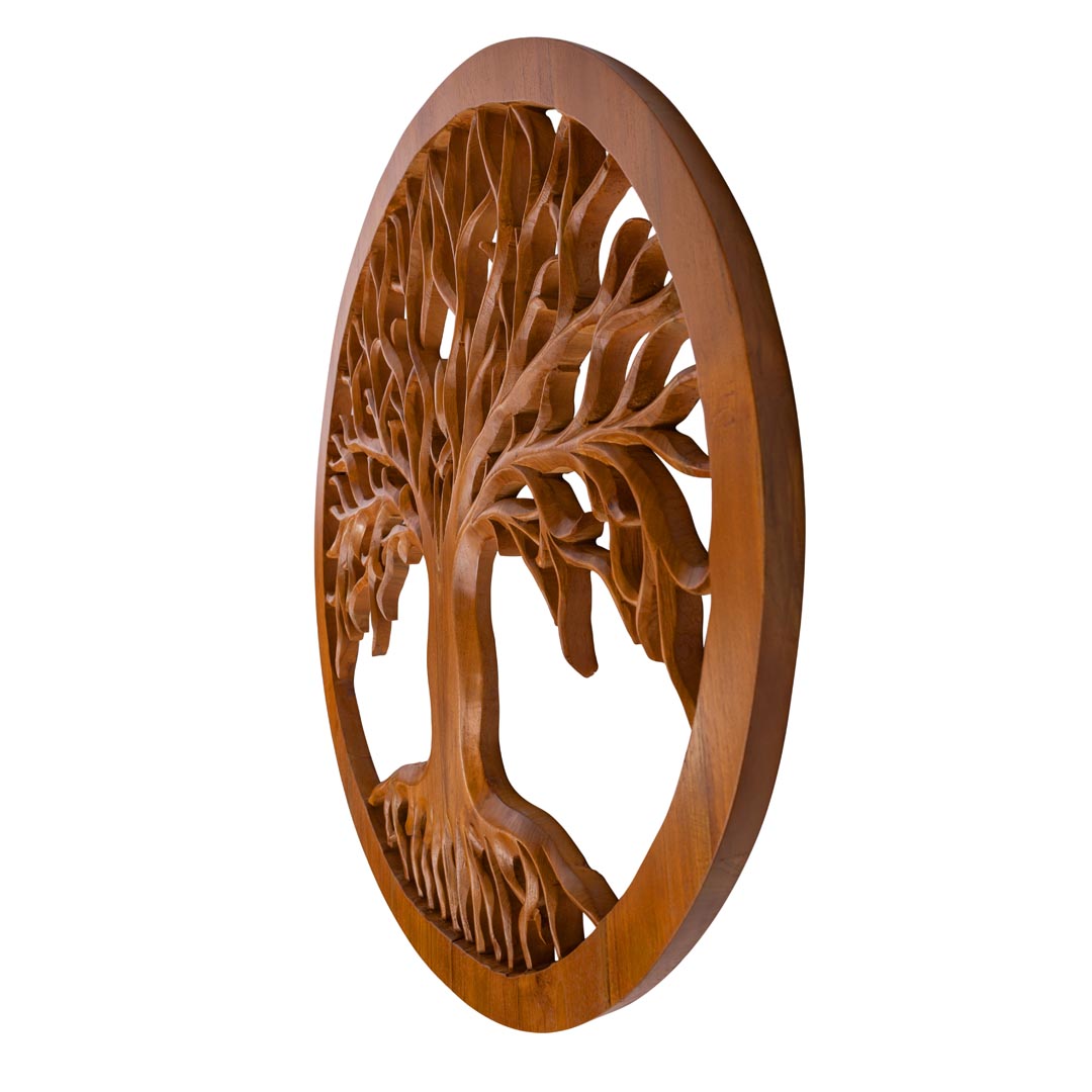Decoratiune perete maro din lemn de tec Yggdrasil 120 cm
