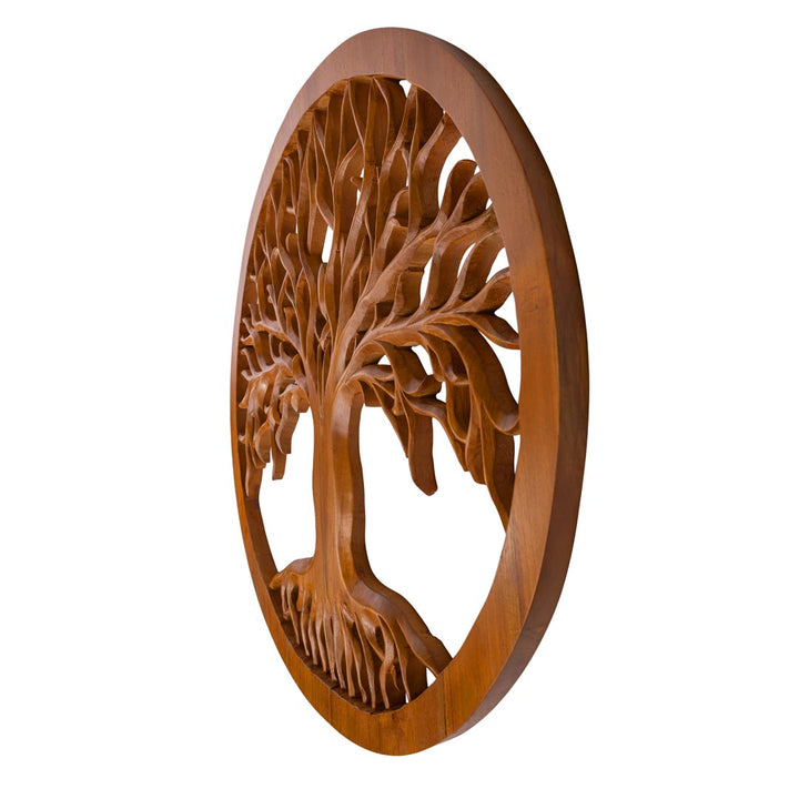 Decoratiune perete maro din lemn de tec Yggdrasil 120 cm