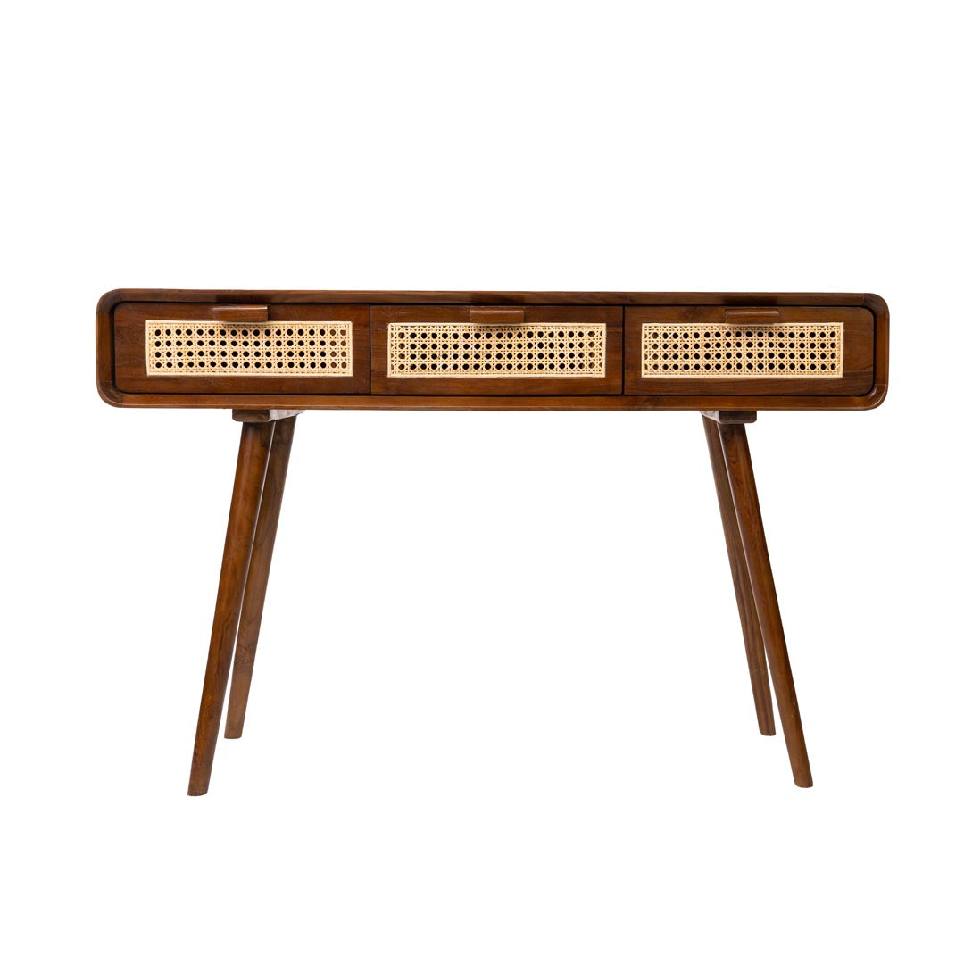Consola maro din lemn de tec si ratan Mid-Century