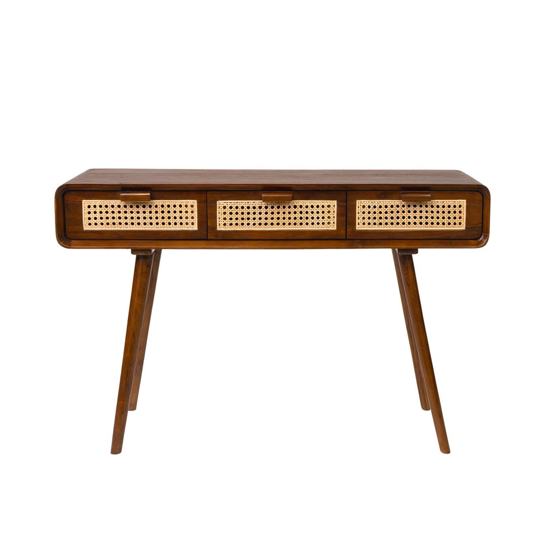 Consola maro din lemn de tec si ratan Mid-Century