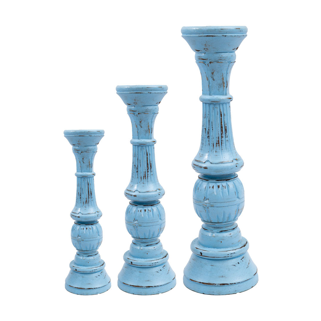 Set 3 suporturi pentru lumanari albastre din lemn de albasia