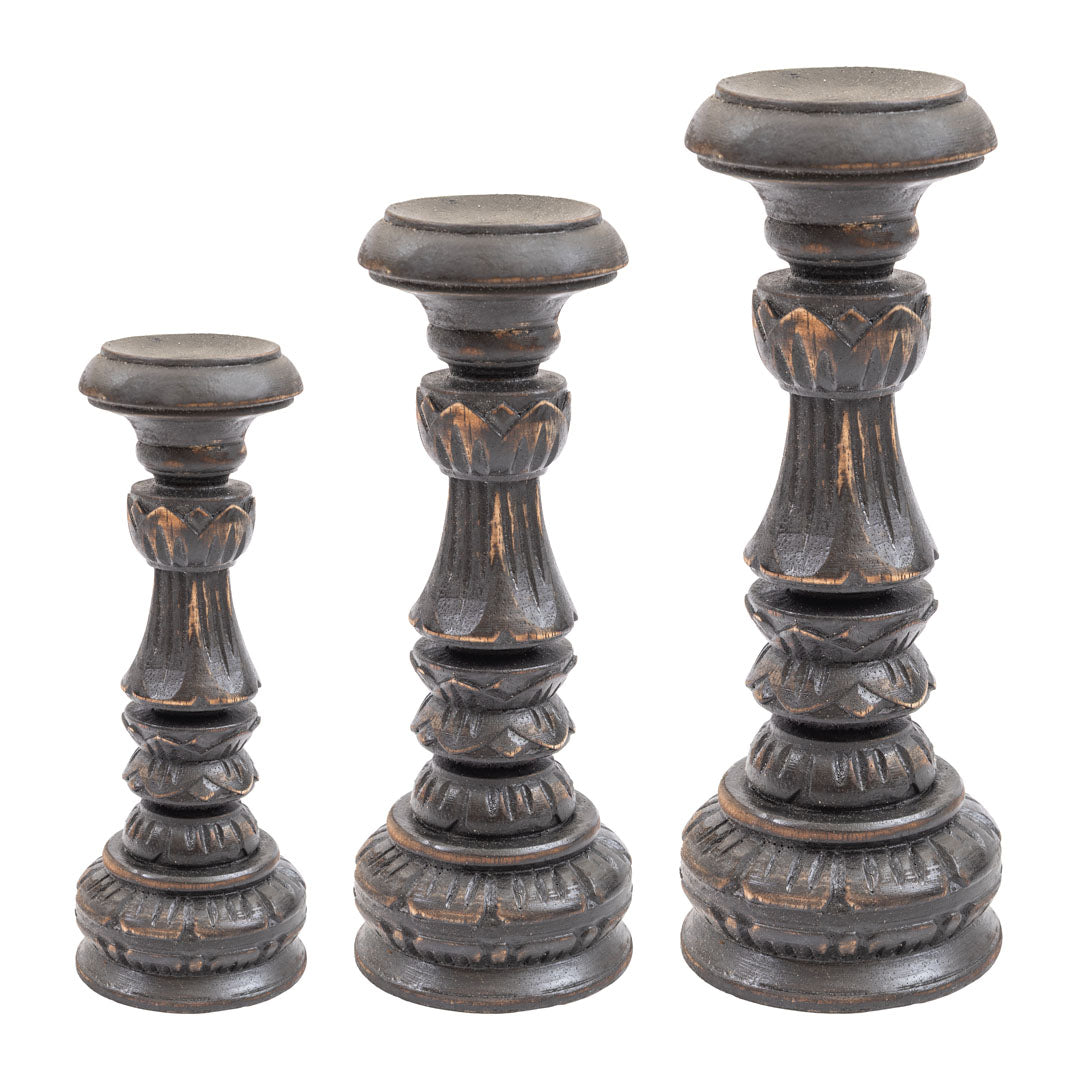 Suporturi de lumanare negre din lemn de albasia  - set 3 bucati