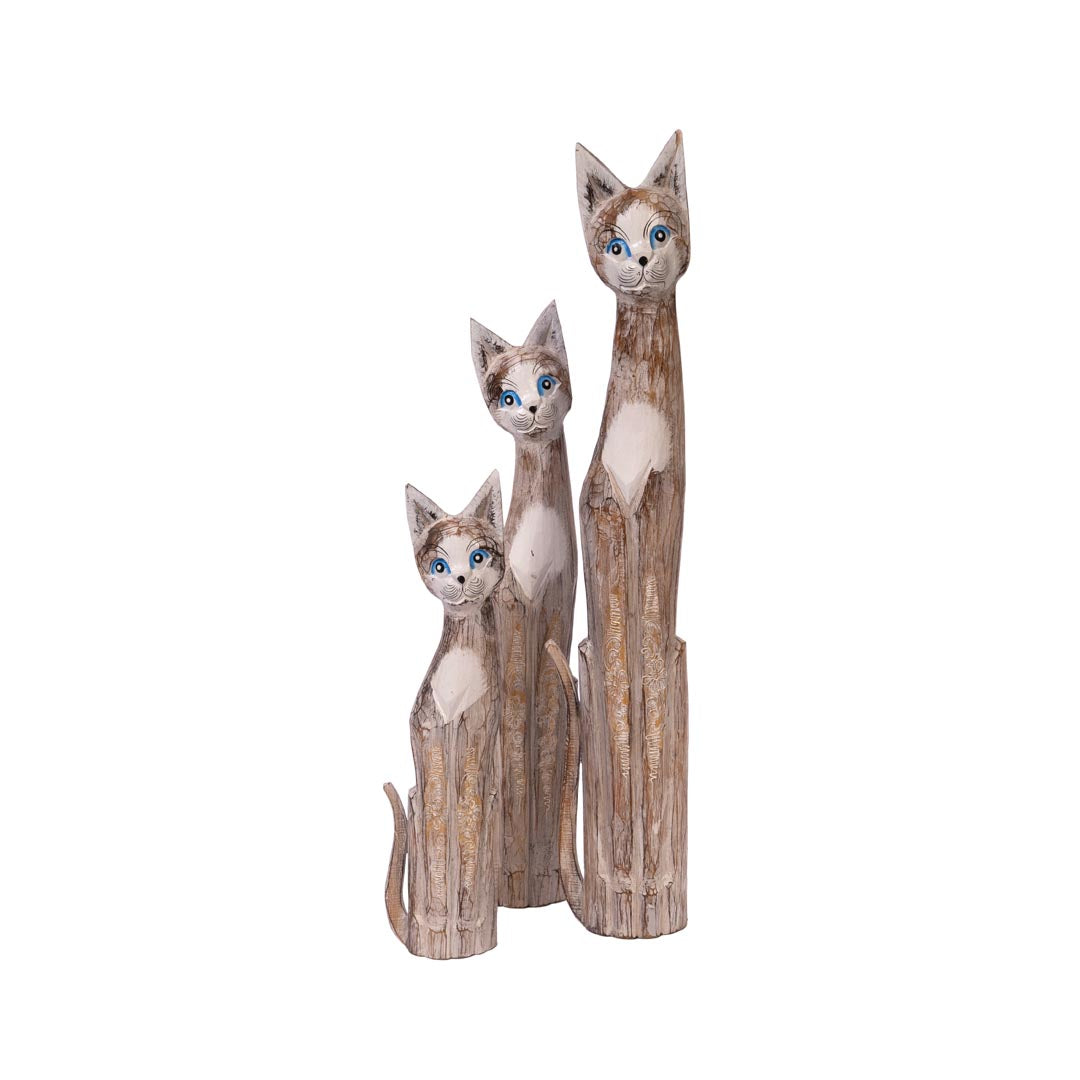 Set 3 figurine pisici albe din lemn de albasia