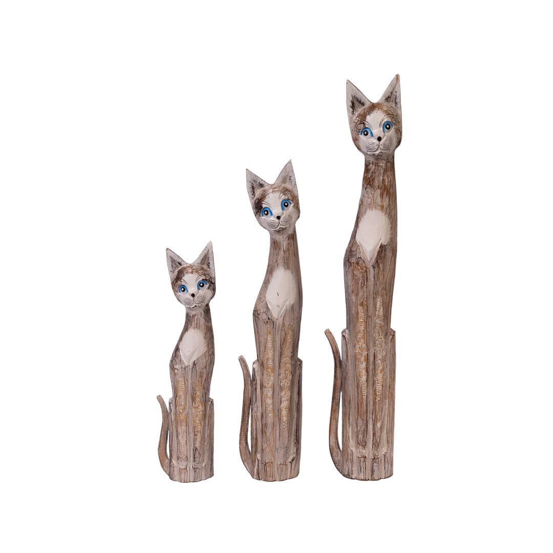 Set 3 figurine pisici albe din lemn de albasia