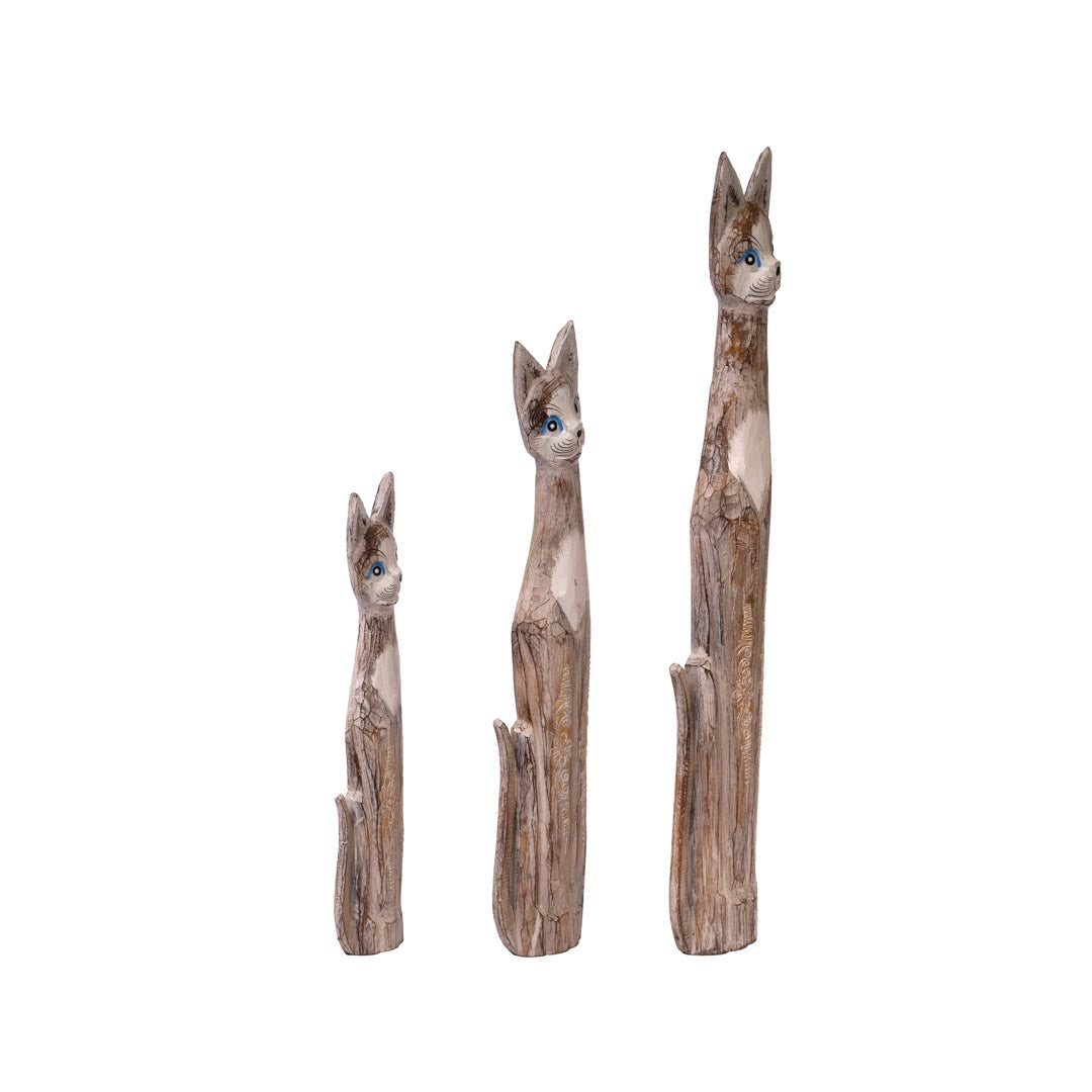 Set 3 figurine pisici albe din lemn de albasia