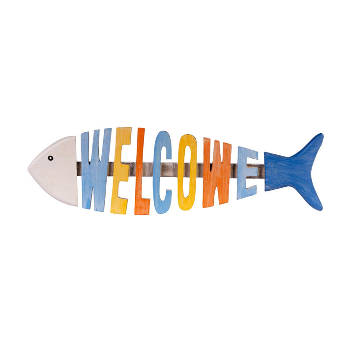 Decoratiune perete multicolora din lemn de albasia Welcome