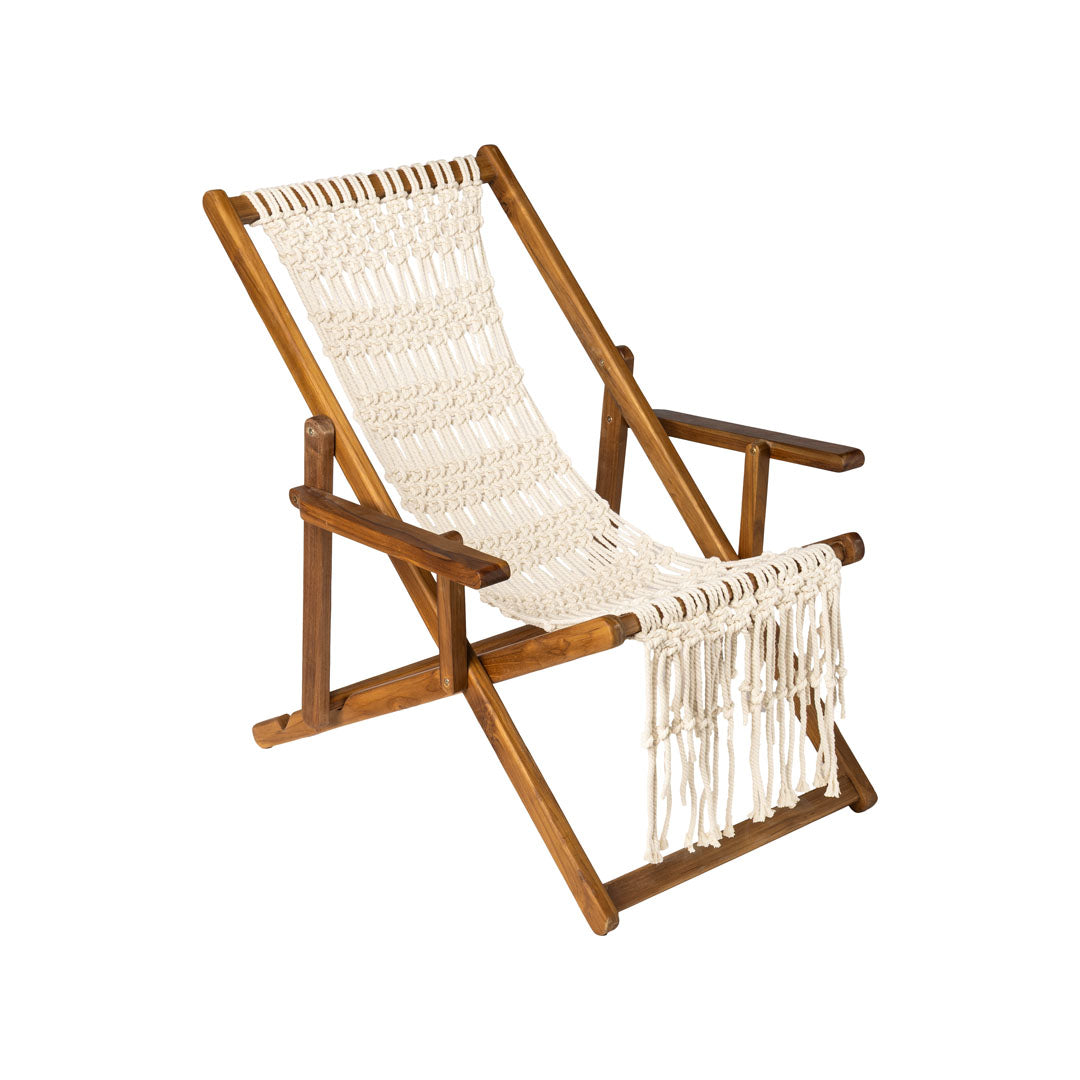 Sezlong pliabil alb din lemn de tec si macrame bumbac Padang