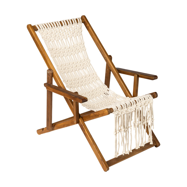 Sezlong pliabil alb din lemn de tec si macrame bumbac Padang