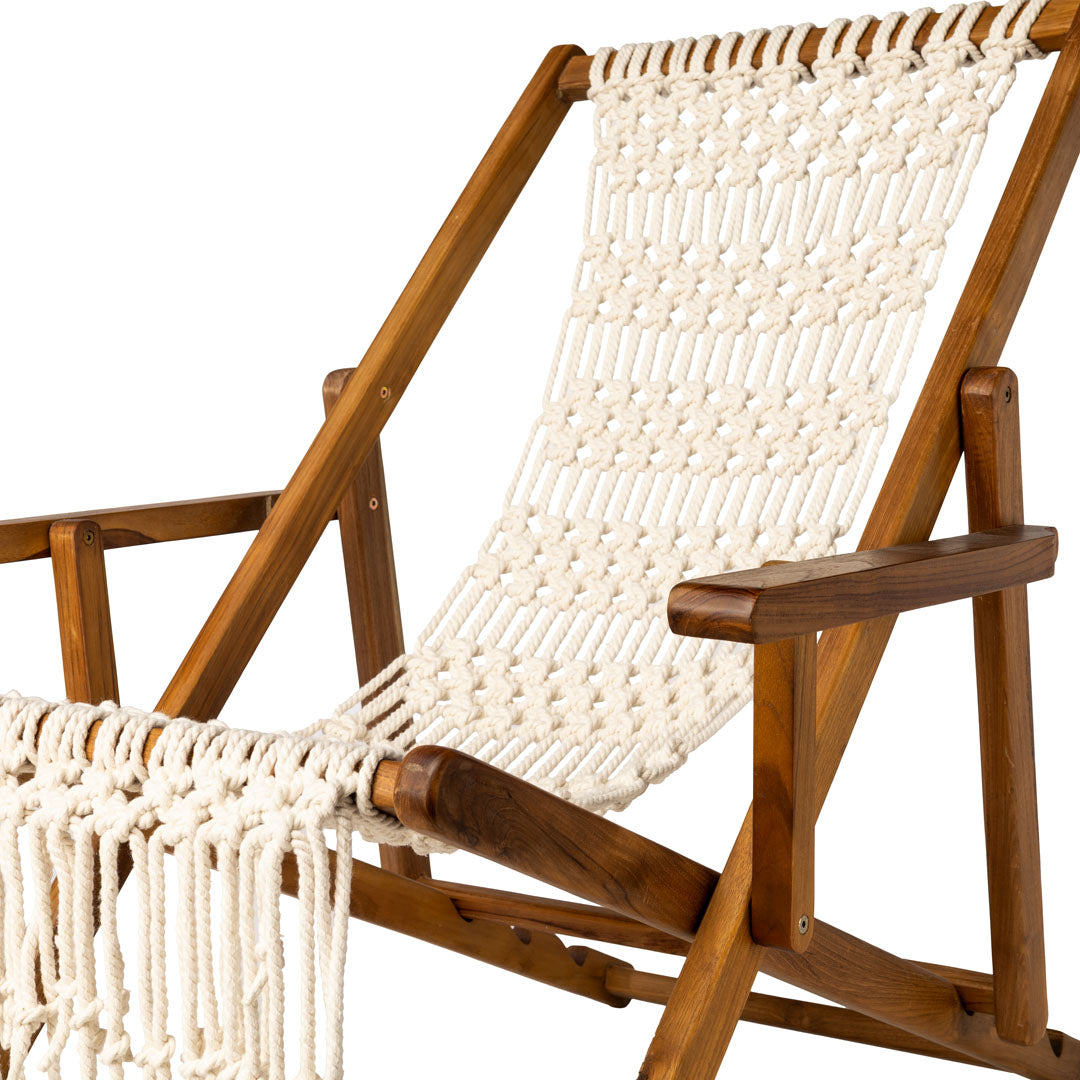 Sezlong pliabil alb din lemn de tec si macrame bumbac Padang
