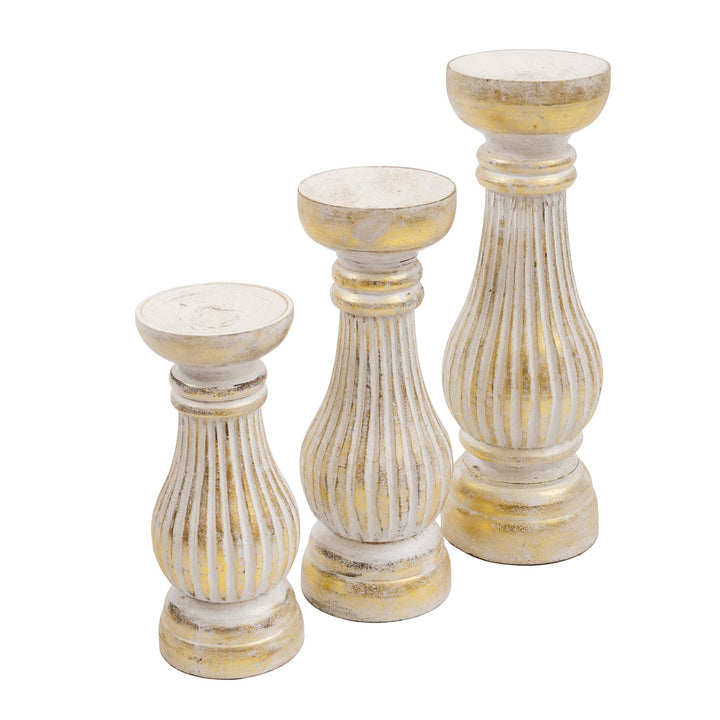 Set 3 suporturi pentru lumanari aurii din lemn de albasia