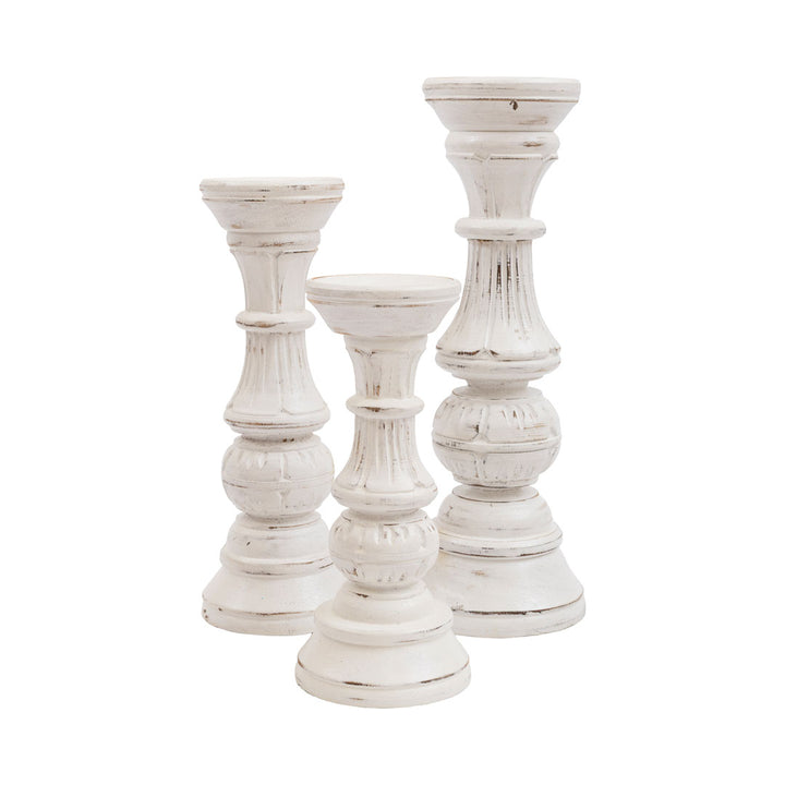 Set 3 suporturi pentru lumanari albe din lemn de albasia