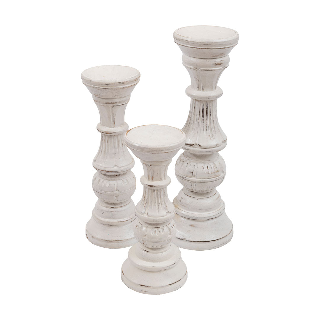 Set 3 suporturi pentru lumanari albe din lemn de albasia