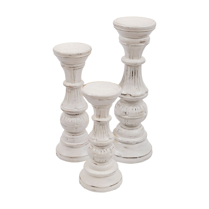 Set 3 suporturi pentru lumanari albe din lemn de albasia