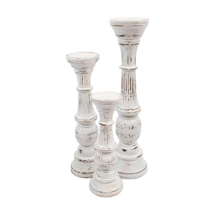 Set 3 suporturi pentru lumanari albe din lemn de albasia