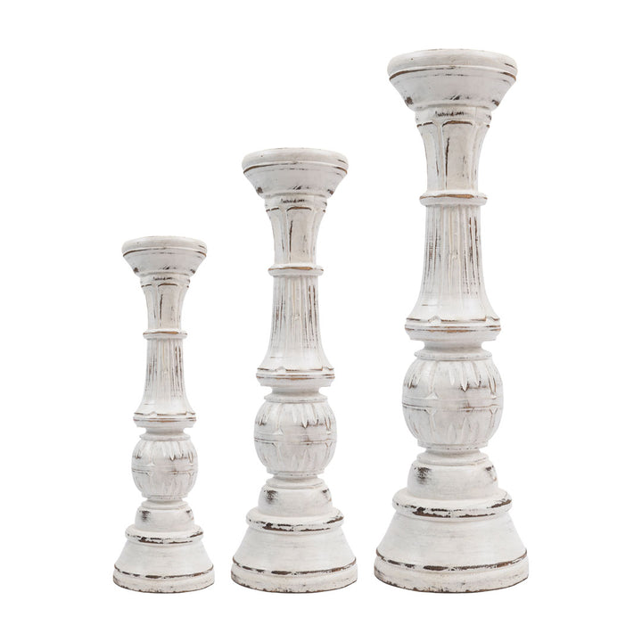 Set 3 suporturi pentru lumanari albe din lemn de albasia