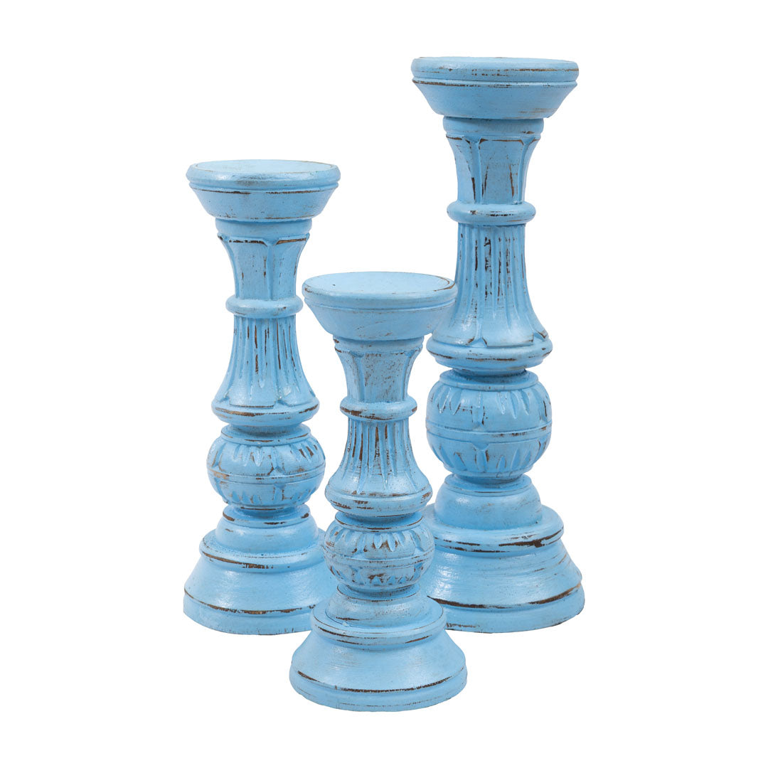 Set 3 suporturi pentru lumanari albastre din lemn de albasia