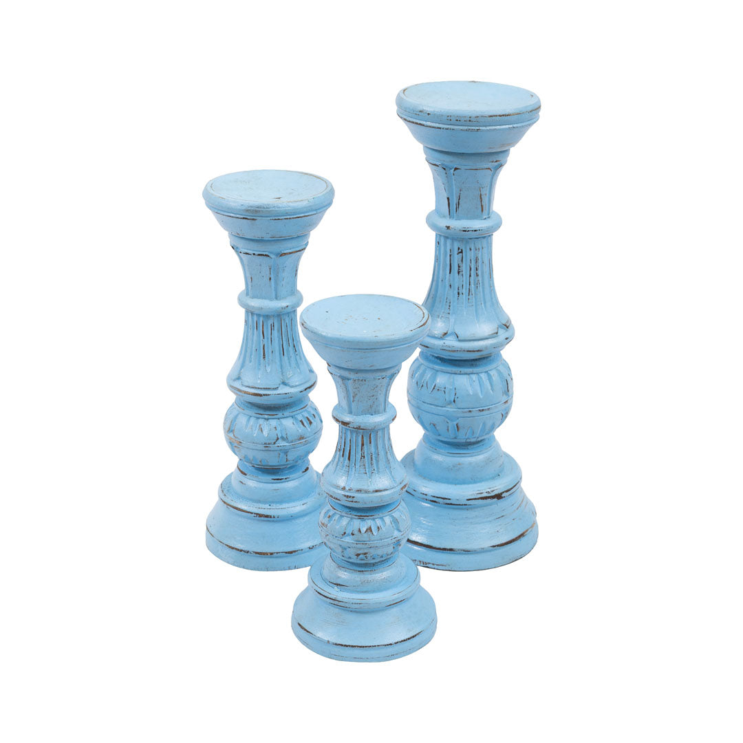 Set 3 suporturi pentru lumanari albastre din lemn de albasia