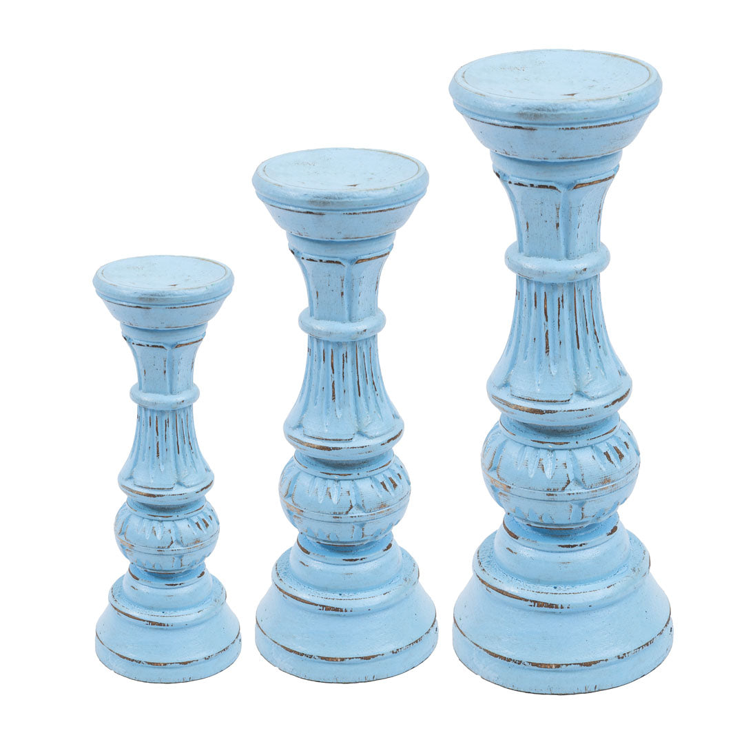 Set 3 suporturi pentru lumanari albastre din lemn de albasia