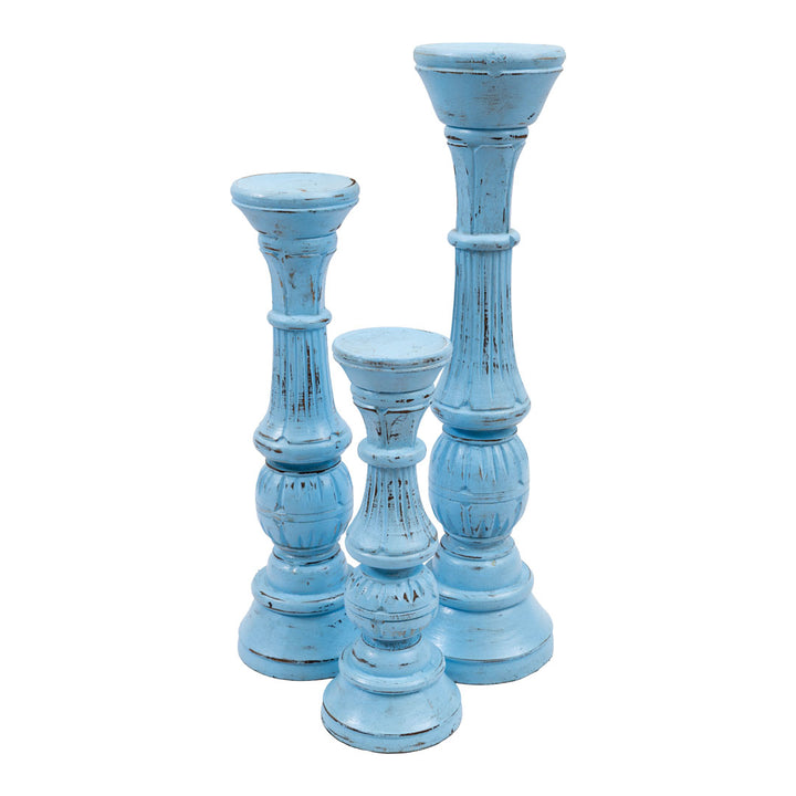 Set 3 suporturi pentru lumanari albastre din lemn de albasia