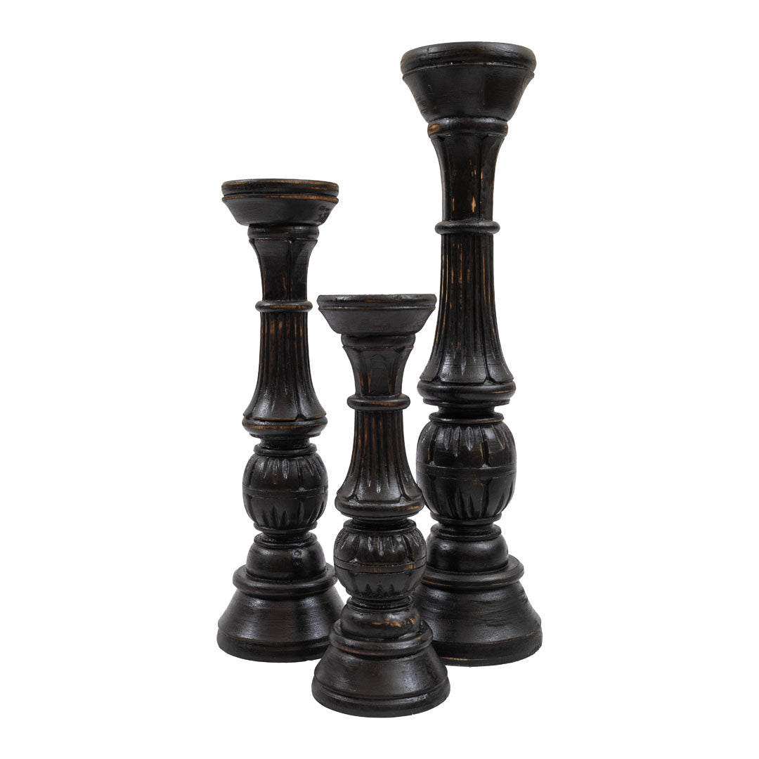 Suporturi de lumanare negre din lemn de albasia  - set 3 bucati