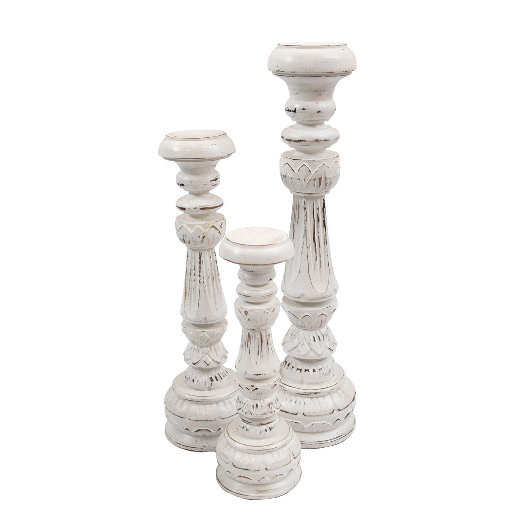 Set 3 suporturi pentru lumanari albe din lemn de albasia