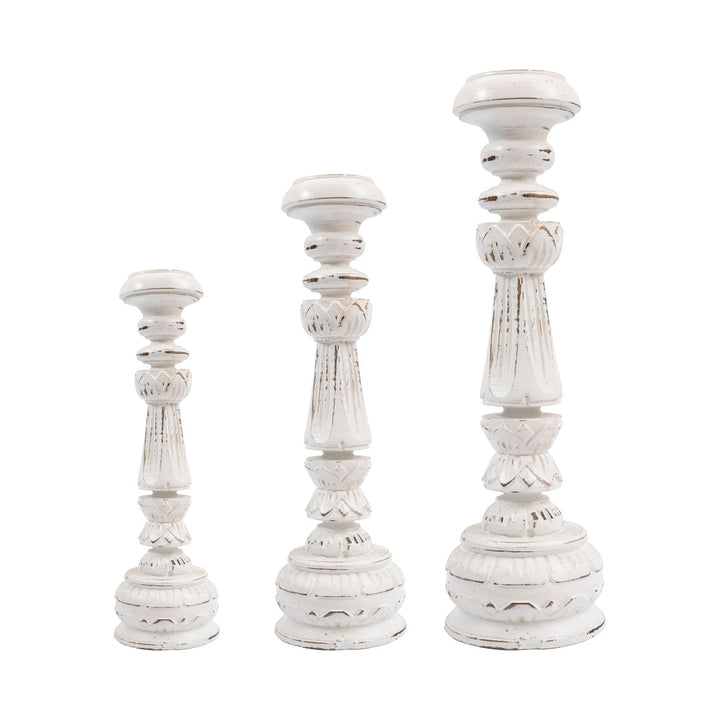 Set 3 suporturi pentru lumanari albe din lemn de albasia