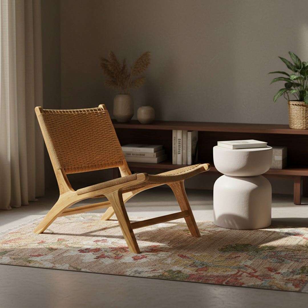 Fotoliu bej din lemn de tec si fibre naturale Narin