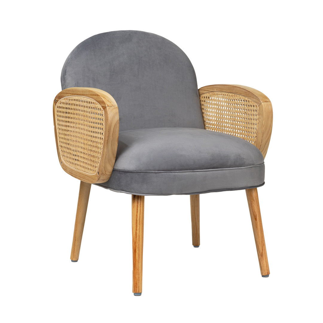 Scaun gri din lemn de tec si ratan Vela