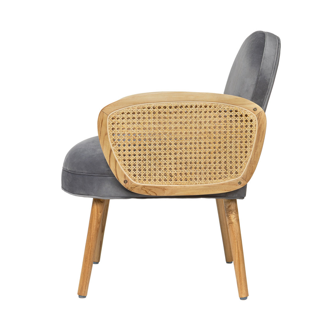 Scaun gri din lemn de tec si ratan Vela