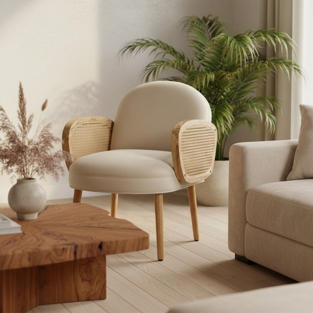 Scaun ivoire din lemn de tec si ratan Vela