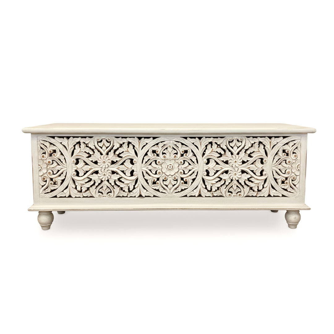 Banca cu depozitare Mandira din lemn de tec, alb