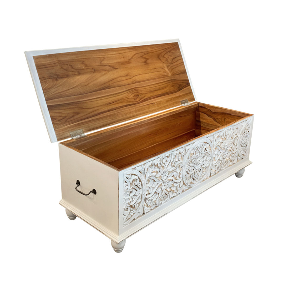 Banca cu depozitare Mandira din lemn de tec, alb