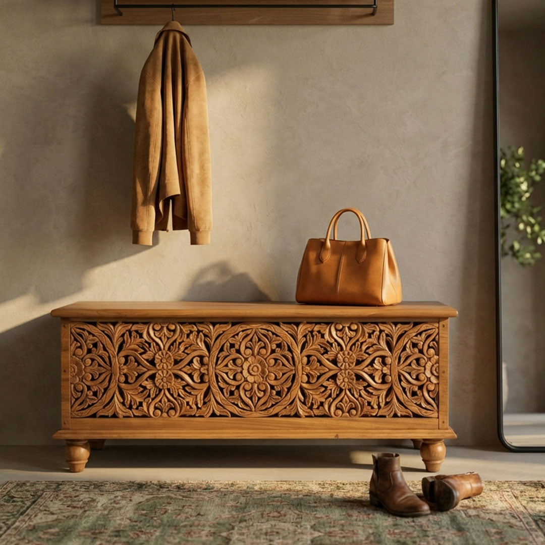 Banca cu depozitare Mandira din lemn de tec, maro