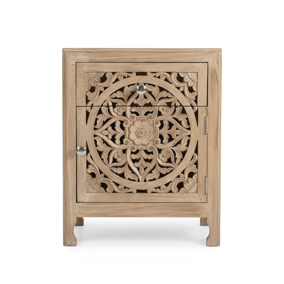 Noptiera bej din lemn de tec Mandira