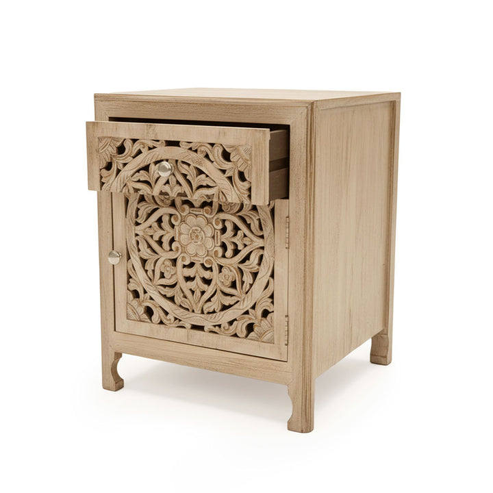 Noptiera bej din lemn de tec Mandira