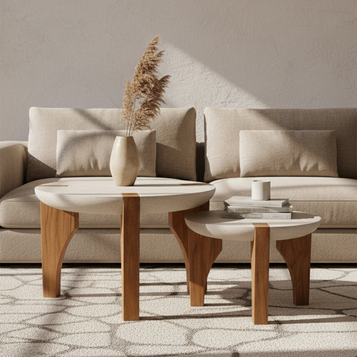 Masa de cafea maro din terazzo si lemn de tec Yucca