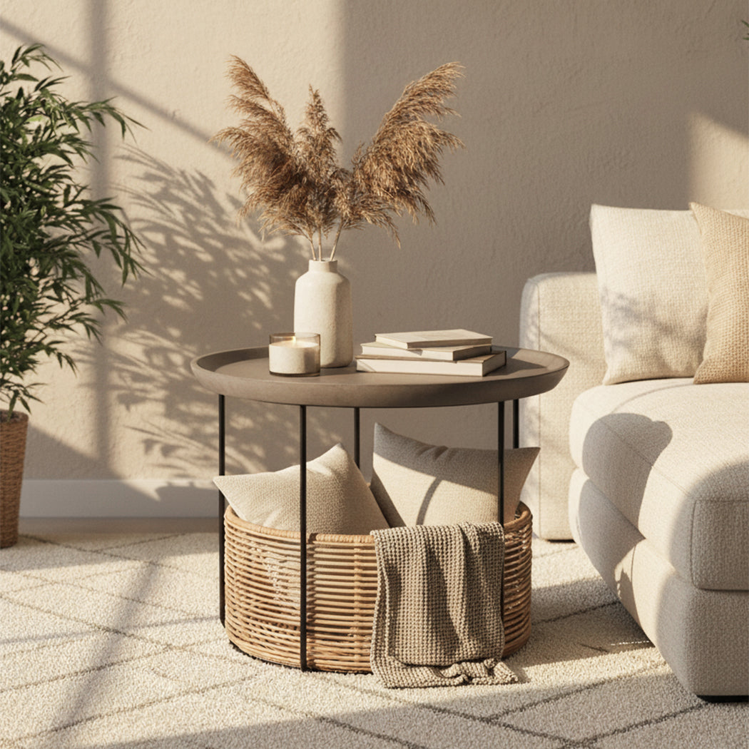 Masa de cafea gri din fibrociment si ratan Boho Nest